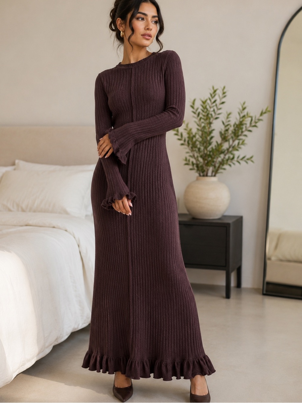 COMMENSE Ribbed Knit Maxi Dress – Brown